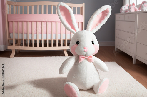 A toy of a white plush rabbit in the children s room. Generative AI.
