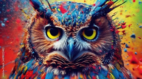 owl form and spirit through an abstract lens. dynamic and expressive owl print by using bold brushstrokes, splatters, and drips of paint. owl raw power and untamed energy