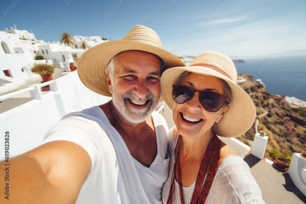 A happy elderly couple of tourists take a selfie against the backdrop of white villas and the seascape on the island of Santorini. Travel retirement concept. AI generated.