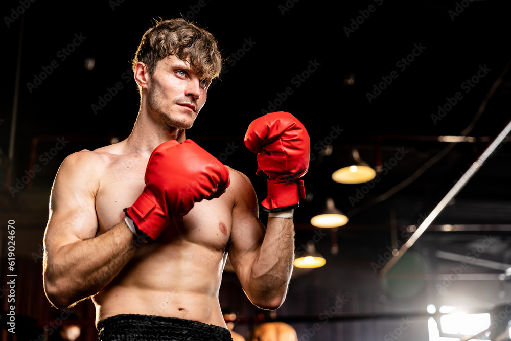 Boxing fighter shirtless posing, caucasian man boxer wearing red glove