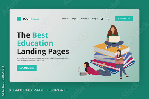 Online education flat vector landing page template and people working on computers and reading books and sitting on a pile of books. Flat vector illustration websites landing page design