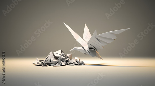Fényképezés Out Of Nowhere concept of birth or rebirth as an origami bird emerging from a fl