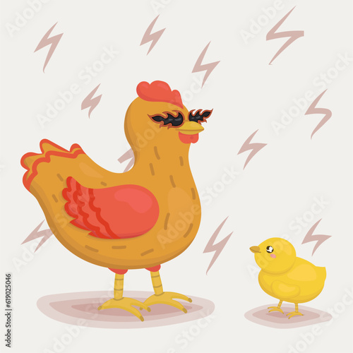 A red-haired chick in sunglasses in the shape of lights. Cool chick. A yellow chick who admires a cool chick. Easter characters. Easter holiday. Poultry character. Beige background with zippers.Vector