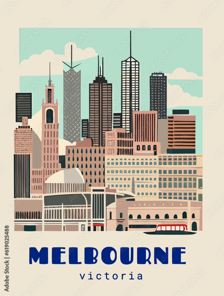 Naklejka premium Melbourne: Beautiful vintage-styled poster with an Australian cityscape with the name Melbourne in Victoria