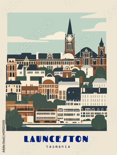 Launceston: Beautiful vintage-styled poster with an Australian cityscape with the name Launceston in Tasmania