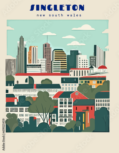 Singleton: Beautiful vintage-styled poster with an Australian cityscape with the name Singleton in New South Wales