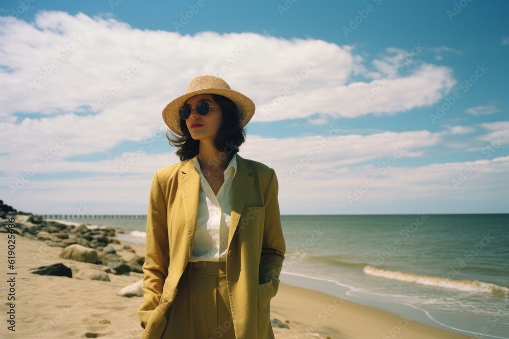 Woman wearing a hat, sunglasses and a yellow blazer walking by the beach on a sunny day. 