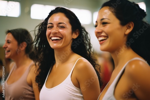 Portrait of smiling happy women in a group fitness class, healthy lifestyle diverse friendship concept. 