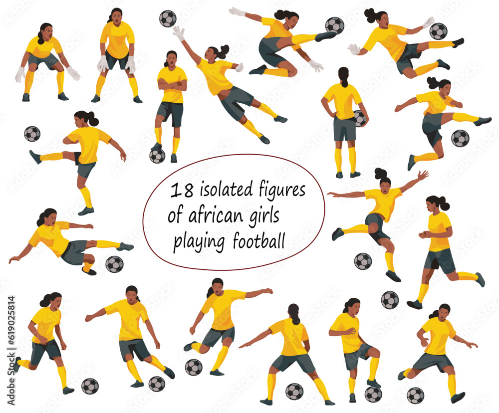 Set of african women's football girl players isolated figures in various poses in yellow t-shirts on a white background