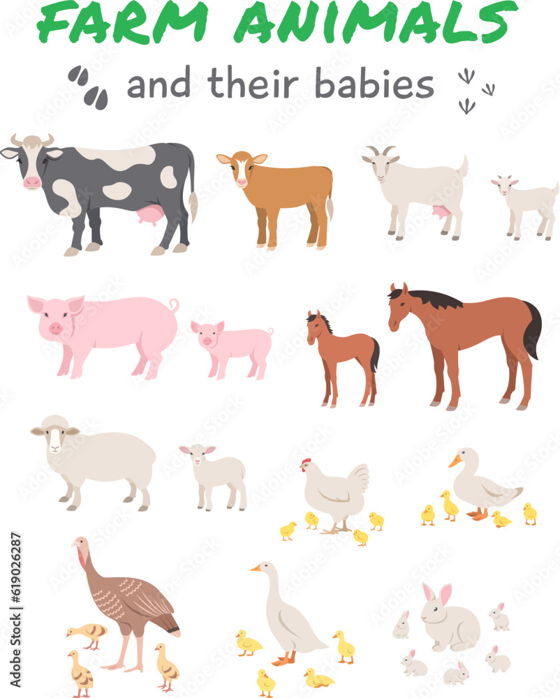Fototapeta premium Female farm animals with offspring. Cow and calf, sheep, lamb, pig and piglet, horse, foal, goat with kid, chicken, chicks, duck and ducklings, turkey with poults, goose, goslings, rabbit with bunnies