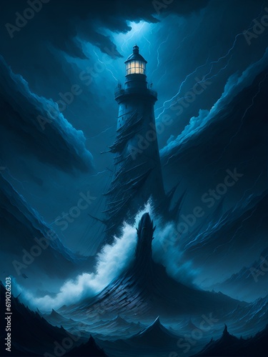 A lighthouse standing tall amidst the storm, portrait made with Generative AI.