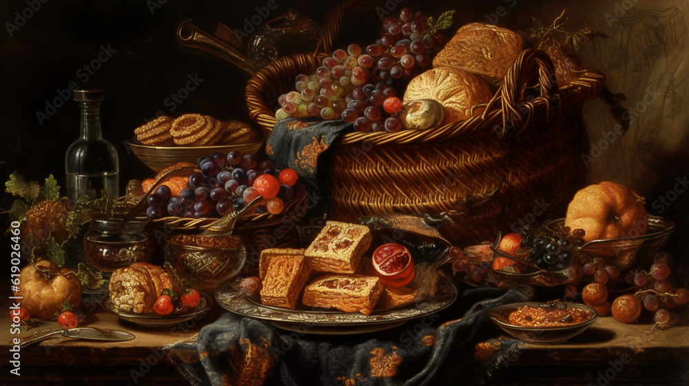 Immerse yourself in the world of art as we present a captivating painting portraying a sumptuous gift basket. 