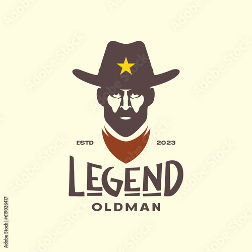 old man bearded legend cowboy hat bandanna classic vintage hipster logo vector icon illustration