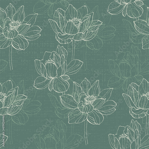 Water lily seamless pattern with a contemporary Asian twist. Featuring a beautiful blossom flower illustration on an art deco-inspired background. Enhanced by elegant  art, this vector floral design.