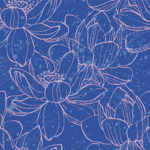 Water lily seamless pattern with a contemporary Asian twist. Featuring a beautiful blossom flower illustration on an art deco-inspired background. Enhanced by elegant  art, this vector floral design.