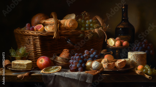 Immerse yourself in the world of art as we present a captivating painting portraying a sumptuous gift basket. 