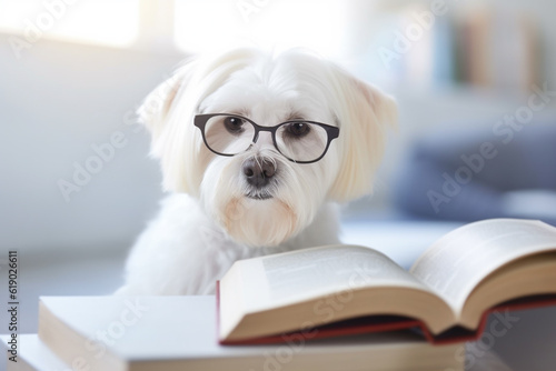 Small dog with reading glasses and book