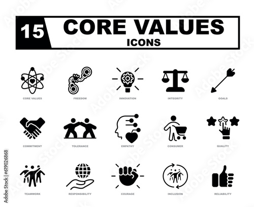 The Core Values vector icon set visually represents essential principles and beliefs, serving as a reminder of what an individual or organization stands for.