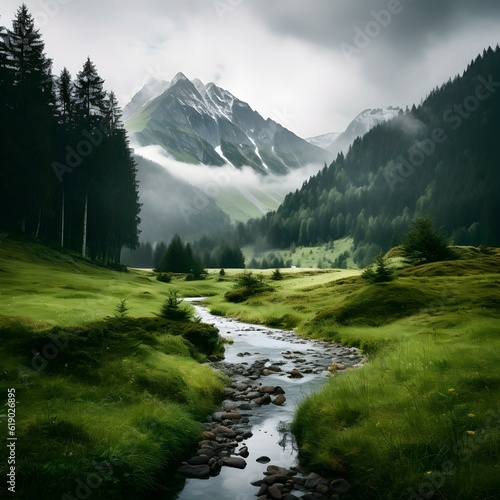 Harmony of Earth and Water Captivating Scenes of a Mountain and River Converging in Nature s Timeless Symphony.AI generated