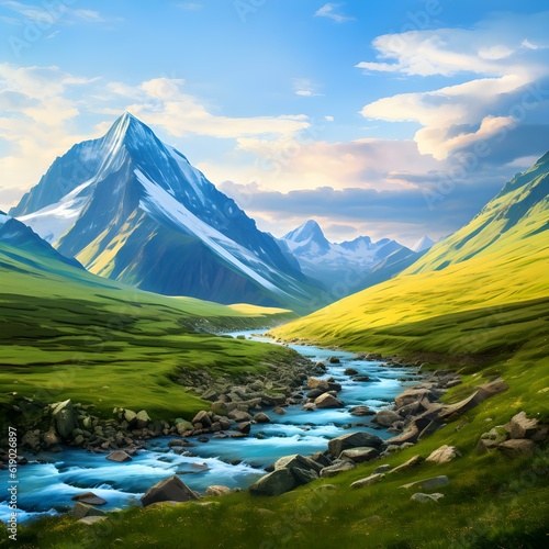 Mountains Meet the Flow Delighting in the Mesmerizing Views of a River Gently Embraced by Majestic Mountain Ranges.AI generated