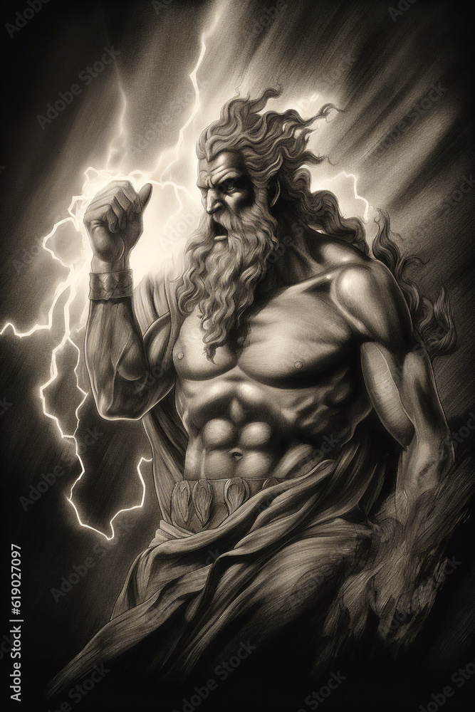 Engraved portrait of Zeus king of the gods on Mount Olympus in Greek mythology and is the god of sky and thunder who's Roman equivalent is Jupiter, computer Generative AI stock illustration image Engraved portrait of Zeus king of the gods on Mount Olympus in Greek mythology and is the god of sky and thunder who's Roman equivalent is Jupiter, computer Generative AI stock illustration image