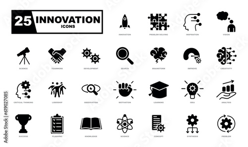 A set of vector graphics on the theme of innovation, showcasing various elements such as lightbulbs, gears, circuit boards, and futuristic technology. Perfect for a website or infographic