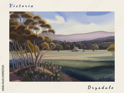 Drysdale: Postcard design with a scene in Australia and the city name Drysdale