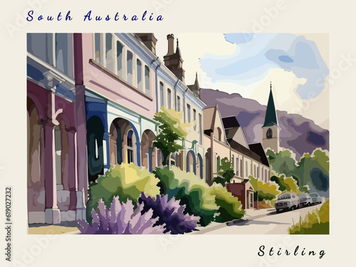 Stirling: Postcard design with a scene in Australia and the city name Stirling