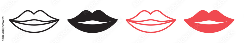 mouth lips line vector icon in filled and outline. girl kiss pictogram in black and red color. woman lips shape icons set. lips drawing thin line symbol. - obrazy, fototapety, plakaty 