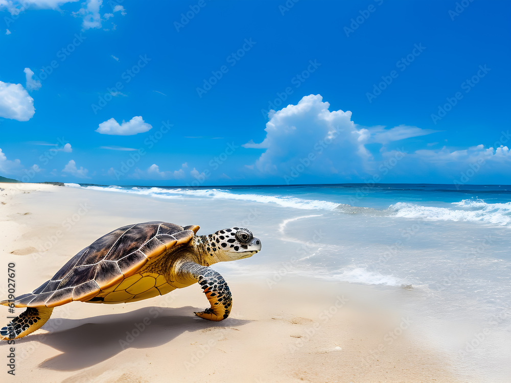 Turtle walks on beach with white sand and a bright blue sky. ai generated