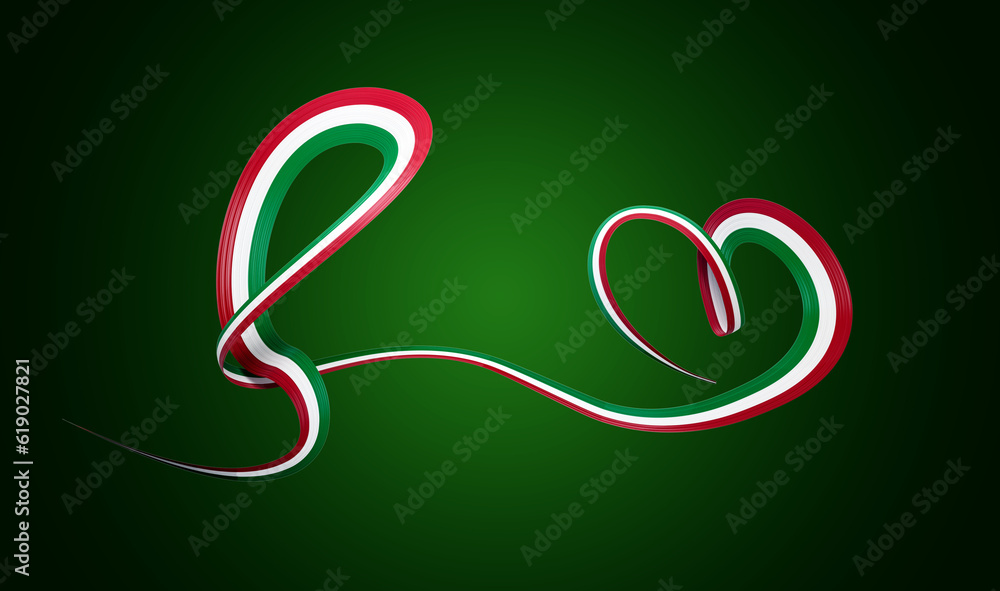 3d Flag Of Italy Heart Shaped Wavy Awareness Ribbon flag On Green Background, 3d illustration 3d Flag Of Italy Heart Shaped Wavy Awareness Ribbon flag On Green Background, 3d illustration