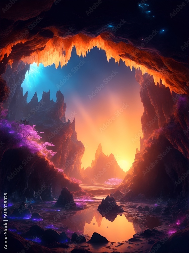 The entrance of the mysterious cave leading to another world, sunset background, portrait made with Generative AI.