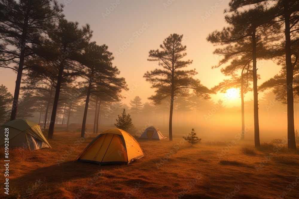 Foggy landscape of camping site in the middle of pine forrest