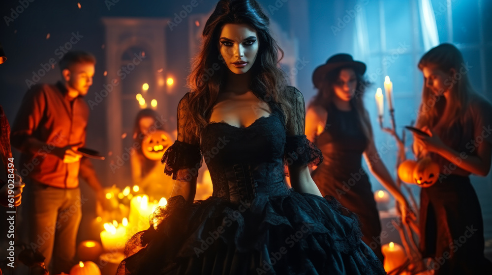 Alluring Witch at the Halloween Costume Party: Bewitching Dress and a Fiery Pumpkin Alluring Witch at the Halloween Costume Party: Bewitching Dress and a Fiery Pumpkin