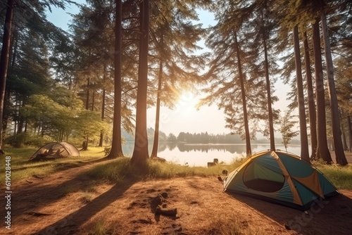 Outdoors camping and tent under the pine forest near the lake