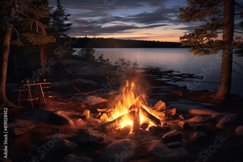 Bonefire near lake in the midnight in a national park