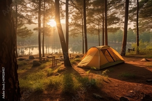 Camping and tent under the pine forest near the lake