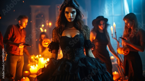 Alluring Witch at the Halloween Costume Party: Bewitching Dress and a Fiery Pumpkin