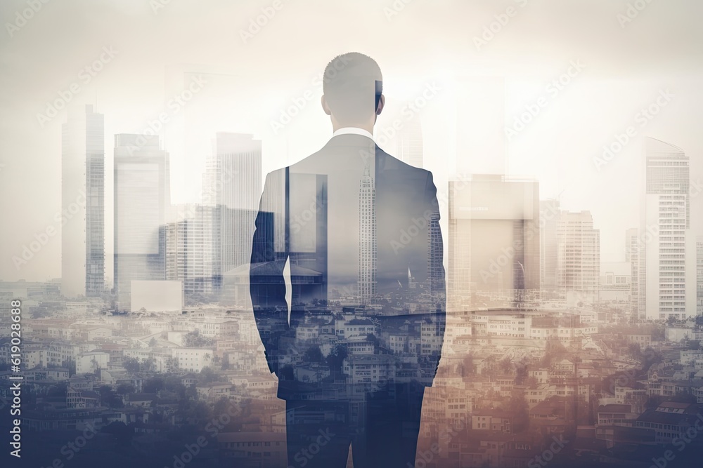 Successful Businessman in Suit Standing in Urban City with Copy Space for Professional Finance and Leadership Concept. Generative AI illustrations Successful Businessman in Suit Standing in Urban City with Copy Space for Professional Finance and Leadership Concept. Generative AI illustrations