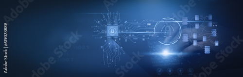 Secure data protection concept with a padlock guarding business info. Cyber security, privacy, and futuristic tech for safeguarding digital data. Blue lock icon for online security.