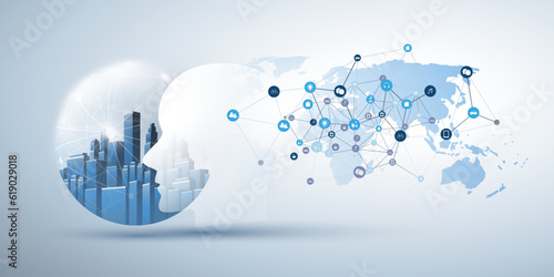 Modern Style Futuristic Machine Learning, Artificial Intelligence, Cloud Computing, Smart City and IoT Networks Design Concept with City Inside of a Globe, Connected Icons, Network Mesh and World Map