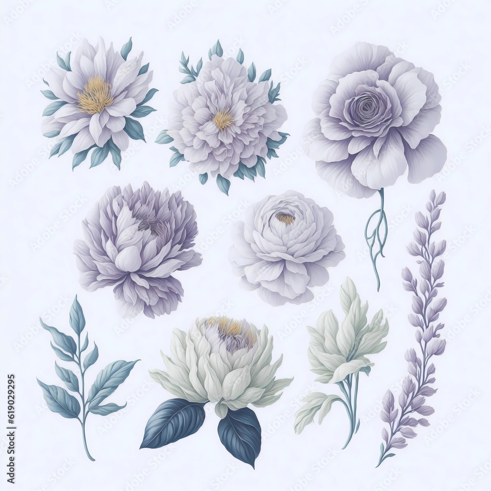 Flowers , pastel shade, vector art watercolor shade, print digital paper illustration for Instagram, white background,Vector, 4K,white background,4K resolution, white background. Generated AI.
