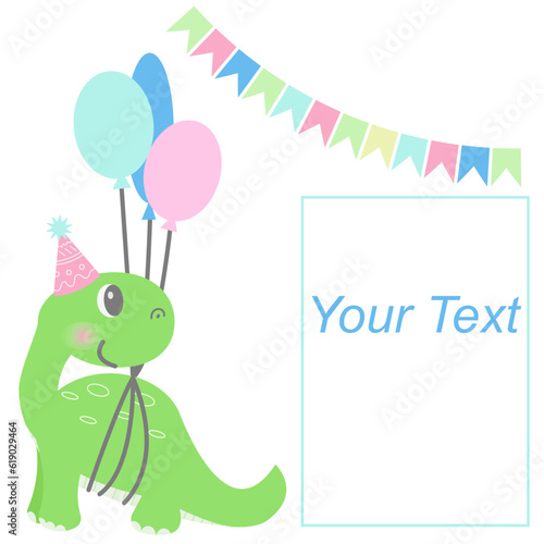 Cute baby dinosaur with baloons and party hat. Birthday invitation. Happy birthday greeting card. Vector illustration. template for cake  stickers. 