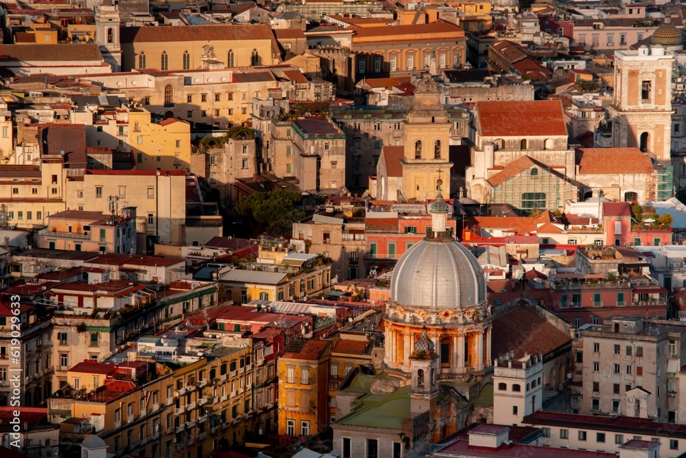 Aerial view of a sunset sky over the historic skyline of Napoli, Italy