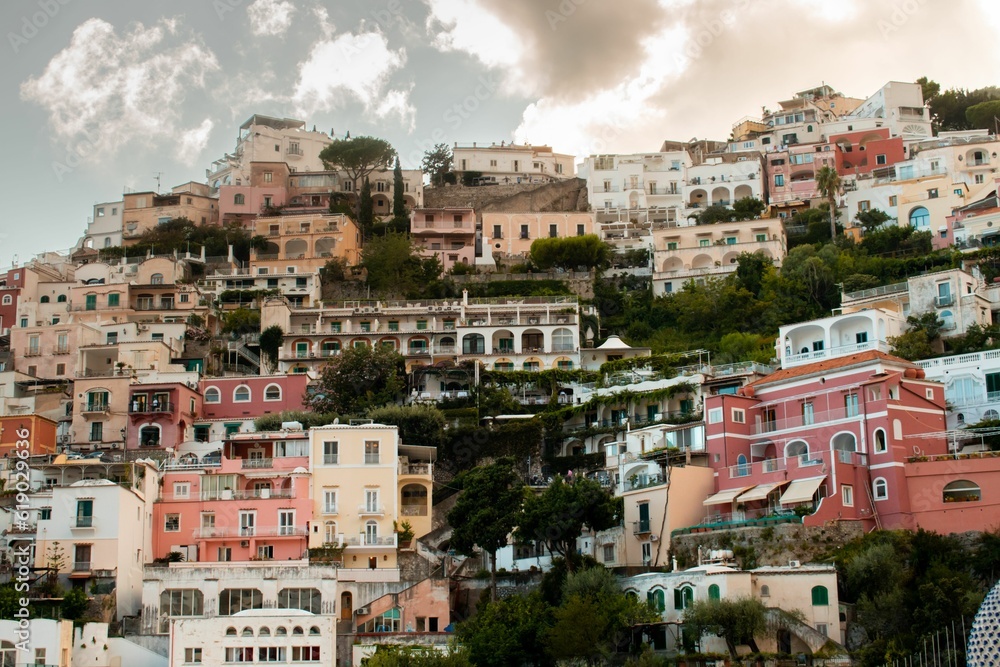 Scenic aerial view of a residential neighborhood tucked away in the hills of Positano, Italy