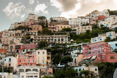 Scenic aerial view of a residential neighborhood tucked away in the hills of Positano, Italy