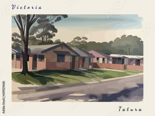 Tatura: Postcard design with a scene in Australia and the city name Tatura photo