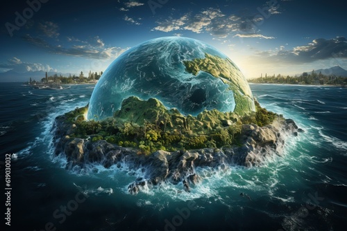 globe terrestre constitué de l'océan, vue de l'espace, IA, génératif, numérique, art, illustration