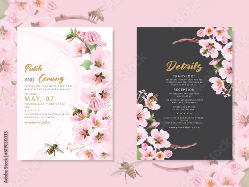 watercolor cherry blossom wedding invitation card template
