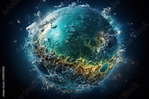 globe terrestre constitué de l'océan, vue de l'espace, IA, génératif, numérique, art, illustration